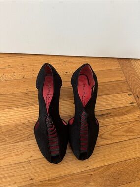Pas de Rouge Black Peep-Toe Heels with Red Insole and Accents